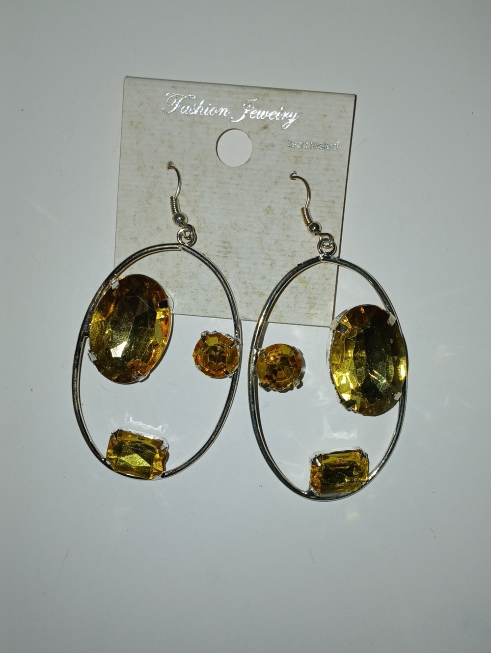 Fashion Jewelry Silver-Tone Oval Earrings with Yellow Gems